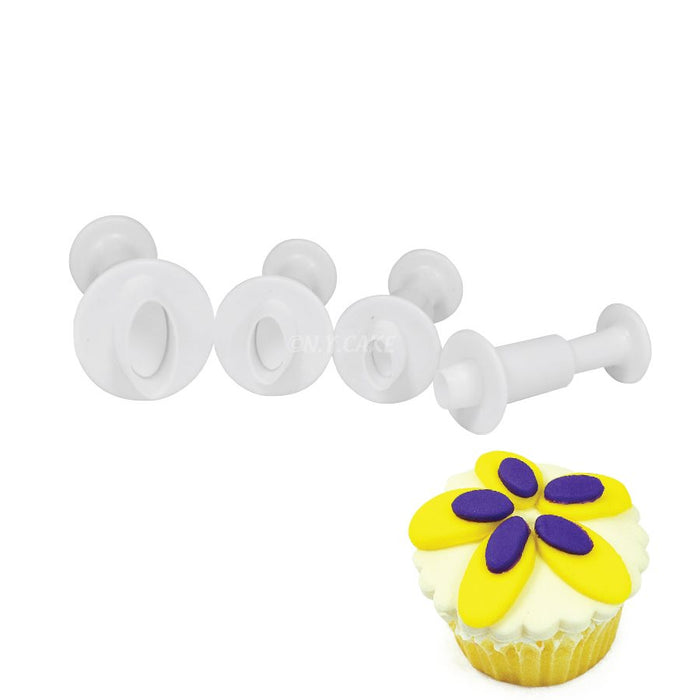 4-piece oval plunger cutter set for fondant, gum paste, marzipan, modeling chocolate, cake decorating, cupcakes, and cookies.