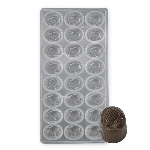 Polycarbonate chocolate mold featuring 24 oval almond-shaped cavities for creating glossy artisan chocolates, bonbons, and truffles.
