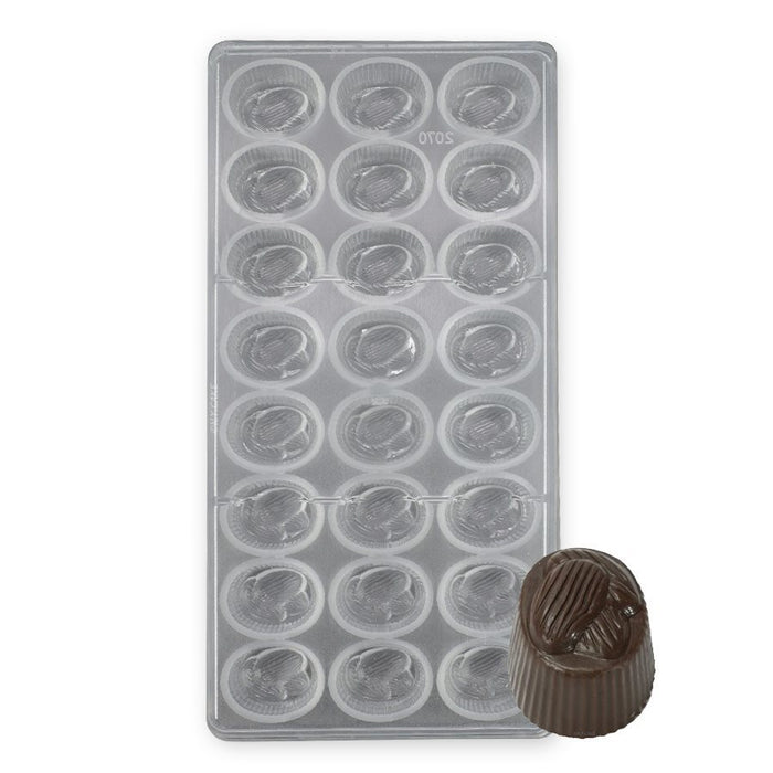 Polycarbonate chocolate mold featuring 24 oval almond-shaped cavities for creating glossy artisan chocolates, bonbons, and truffles.