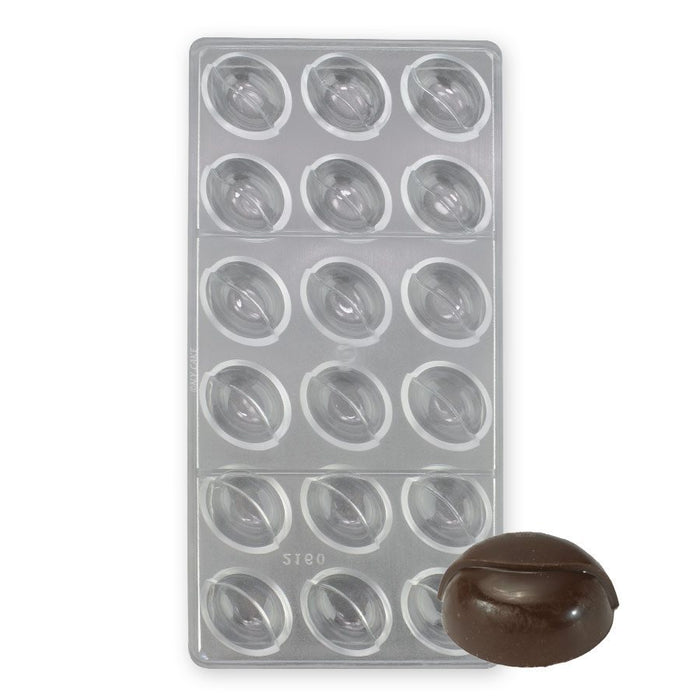 Polycarbonate chocolate mold featuring 18 oval cavities with a decorative groove for creating glossy artisan chocolates and filled bonbons.