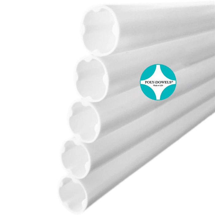 Heavy-duty white Poly-Dowels cake support rods measuring 16 inches by 5/8 inch for stacked and tiered cake construction.