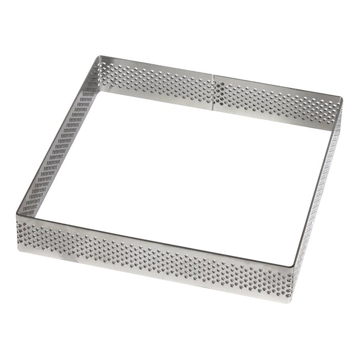 Perforated stainless steel square tart rings for professional pastry baking, tart shells, mousse desserts, and modern plated desserts by NY Cake®