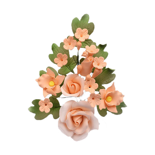 Handmade peach rose spray sugar flowers with green leaves for wedding cakes, birthday cakes, and elegant edible cake decorations.