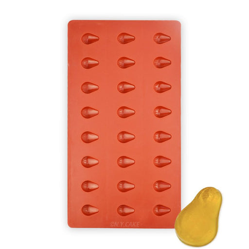 Pear Jellyflex silicone candy mold with 24 pear-shaped cavities for making gummies, jellies, chocolates and decorative confections.