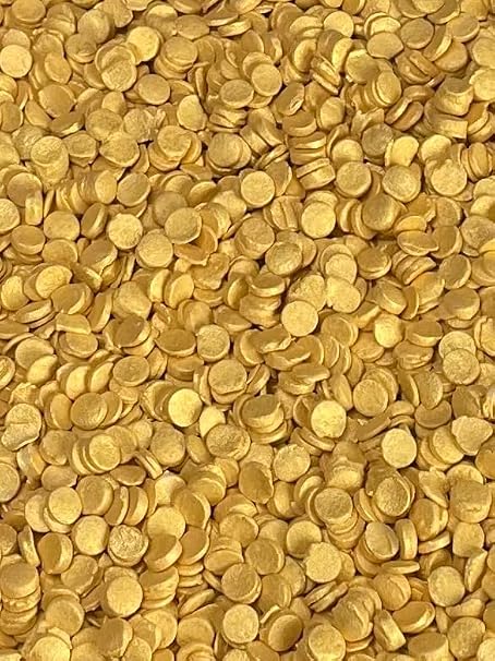 Pearlized gold sequin sprinkles for decorating cakes, cupcakes, cookies, and desserts