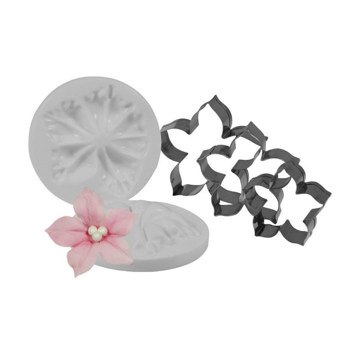 Petunia cutter and veiner set with stainless steel cutters and silicone veiner for fondant, gum paste, sugar flowers, and cake decorating.
