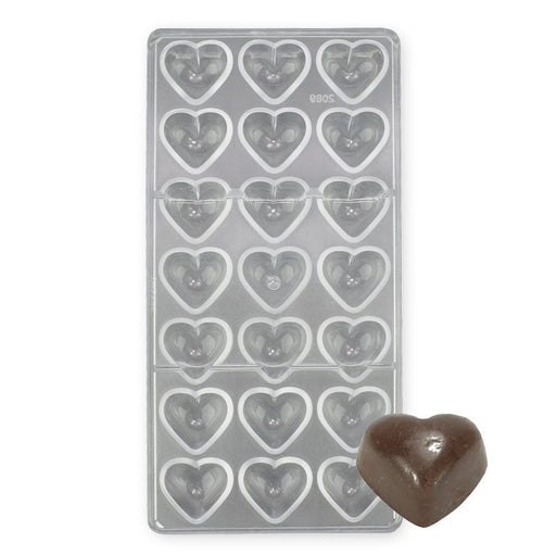 Polycarbonate chocolate mold featuring 21 pillow heart-shaped cavities for creating glossy Valentine's Day chocolates, wedding favors, and gourmet confectionery treats.