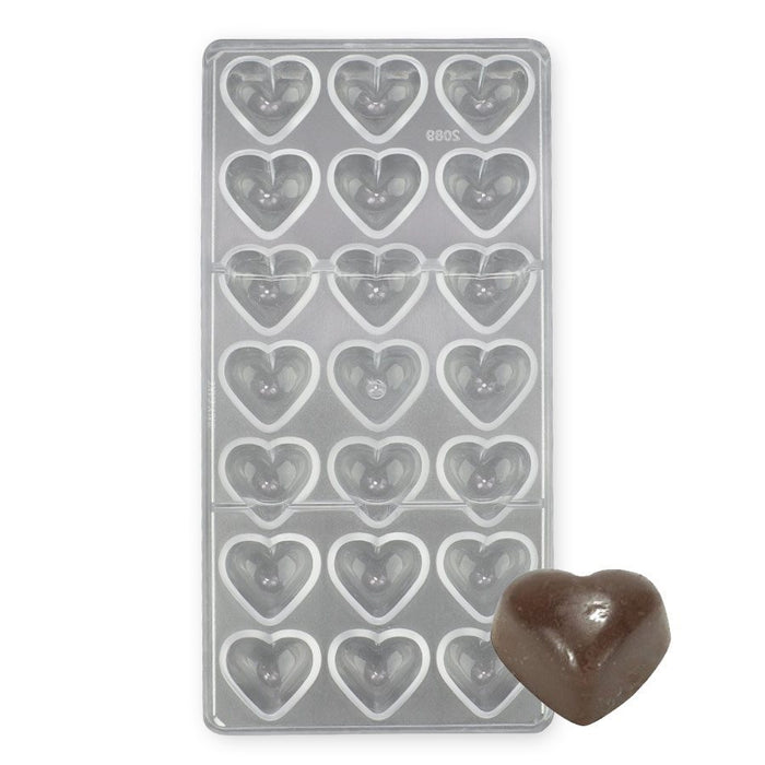Polycarbonate chocolate mold featuring 21 pillow heart-shaped cavities for creating glossy Valentine's Day chocolates, wedding favors, and gourmet confectionery treats.