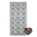 Polycarbonate chocolate mold featuring 21 pillow heart-shaped cavities for creating glossy Valentine's Day chocolates, wedding favors, and gourmet confectionery treats.