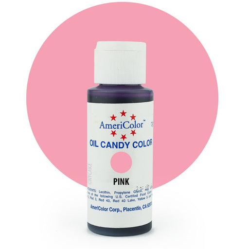 AmeriColor Pink oil-based candy color 2 oz bottle for coloring chocolate, candy coatings and confections.