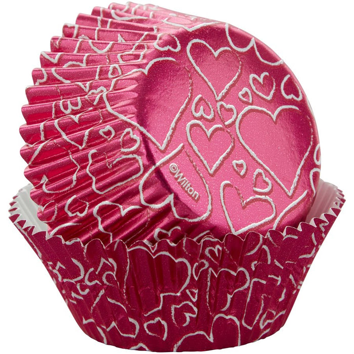 Pink Heart Foil Standard Baking Cups 24 count featuring decorative heart-patterned Valentine's cupcake liners for cupcakes, muffins, party desserts, and special occasions.