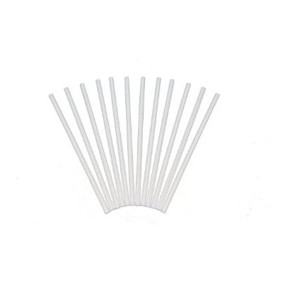 White plastic cake dowel rods for stacked and tiered cake support measuring 12 inches by 1/4 inch diameter.