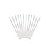 White plastic cake dowel rods for stacked and tiered cake support measuring 12 inches by 1/4 inch diameter.