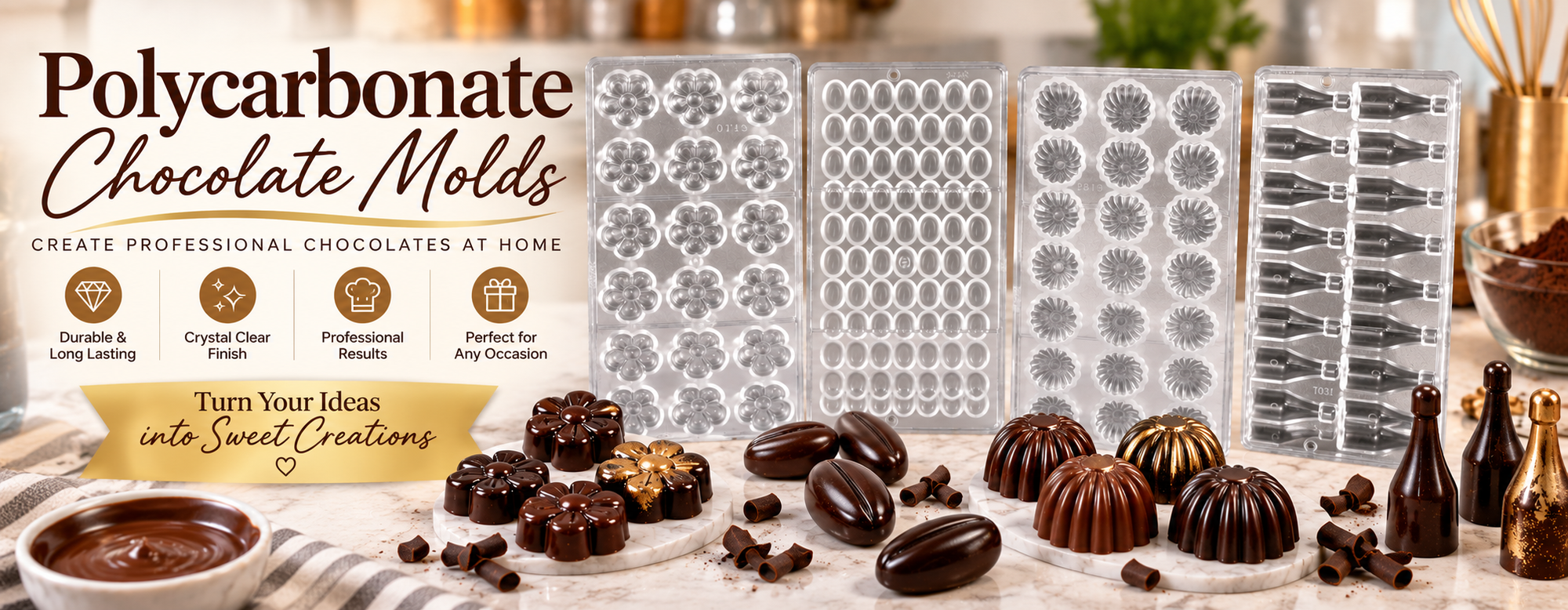 Polycarbonate chocolate molds displayed with assorted professional homemade chocolates, showcasing clear molds for creating detailed chocolate designs.