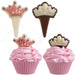 Wilton Princess Picks Candy Mold finished chocolate crown decorations in pink and white displayed on princess birthday cupcakes
