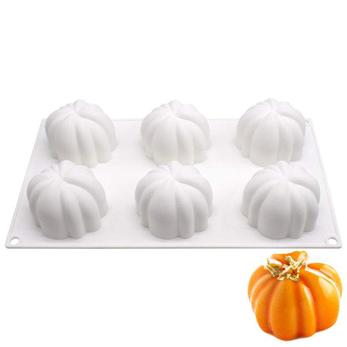 Pumpkin silicone baking mold with 6 cavities for fall cakes, mousse desserts, chocolate, Halloween, and Thanksgiving treats