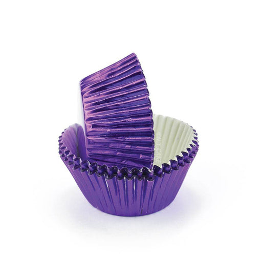 Purple foil greaseproof standard-size cupcake baking cup liners for cupcakes, muffins, parties, and special occasions.