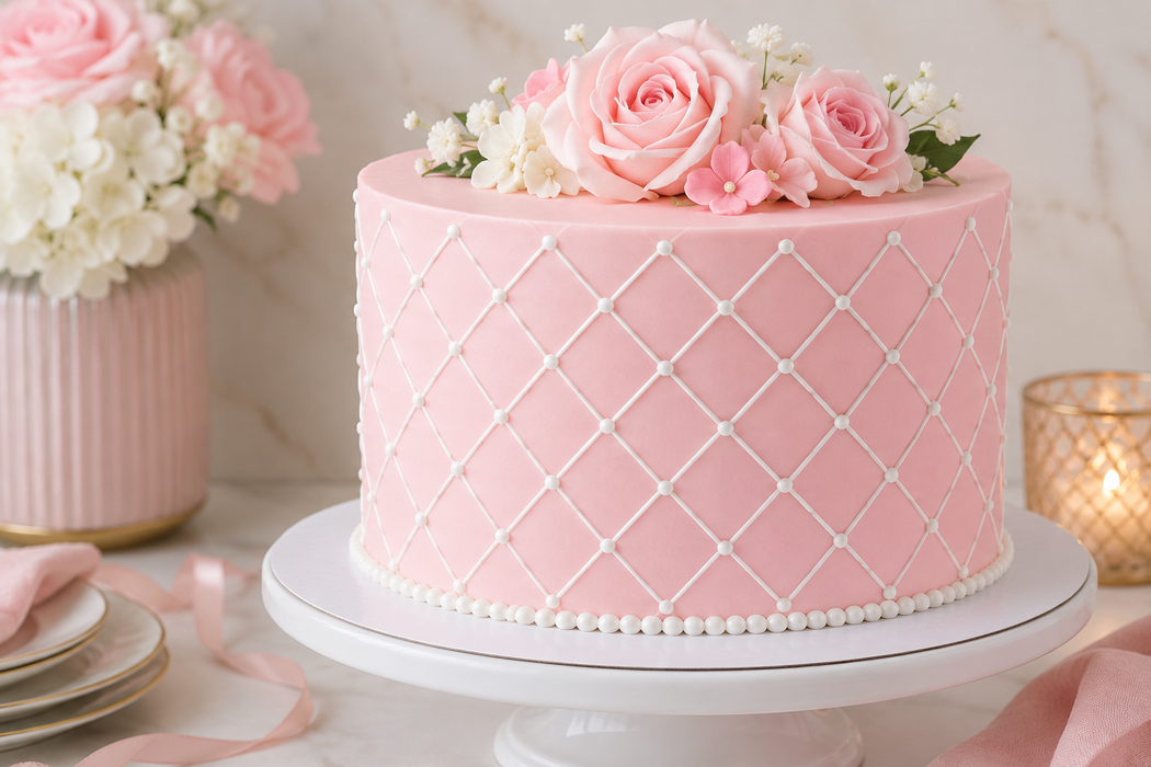 A pink frosted cake with a white lattice pattern and floral decoration, displayed on a white cake stand in a styled setting with flowers and a candle.