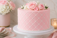 A pink frosted cake with a white lattice pattern and floral decoration, displayed on a white cake stand in a styled setting with flowers and a candle.