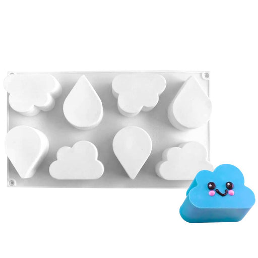 8-cavity silicone baking and freezing mold featuring cloud and raindrop shapes for cakes, chocolate, mousse and frozen desserts.