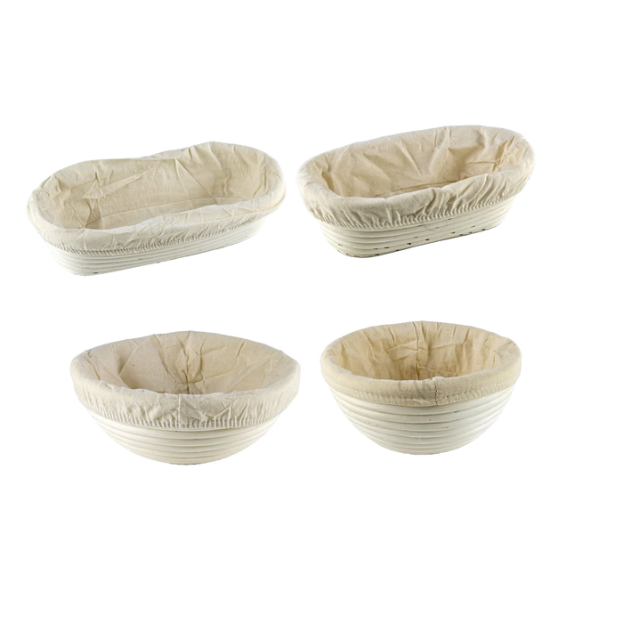 Natural rattan bread proofing basket with cloth liner for sourdough bread, artisan loaves, and homemade bread baking.