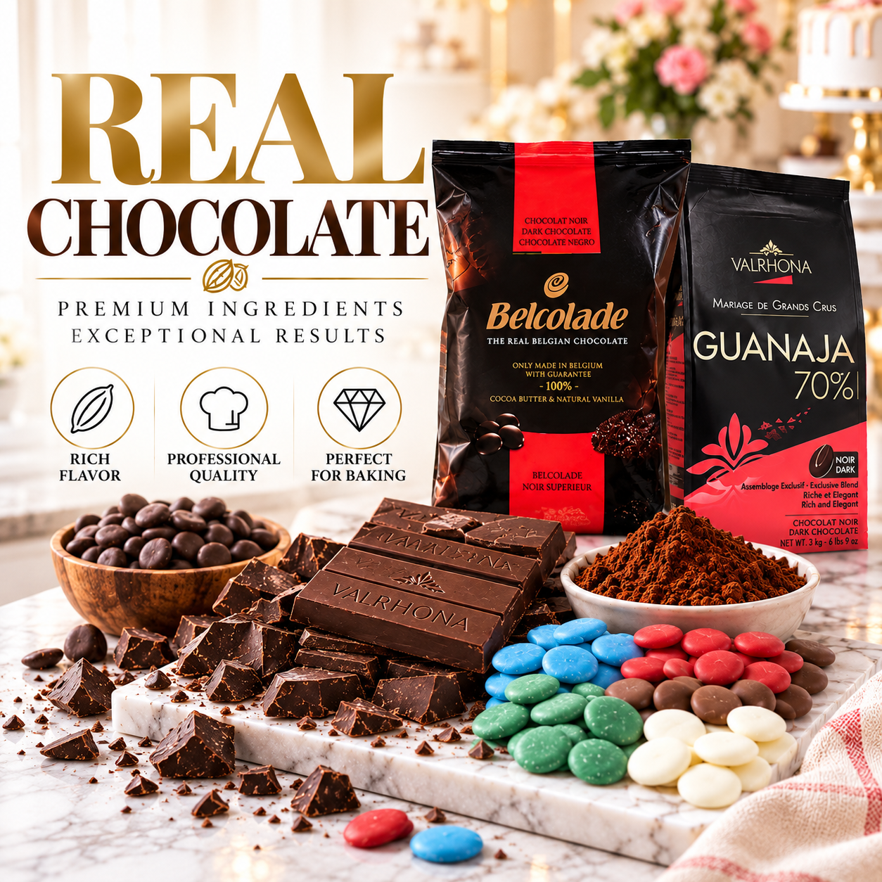 Premium Belcolade and Valrhona chocolate displayed with chocolate bars, cocoa powder, chocolate chunks, and colorful melting wafers for baking and confectionery.