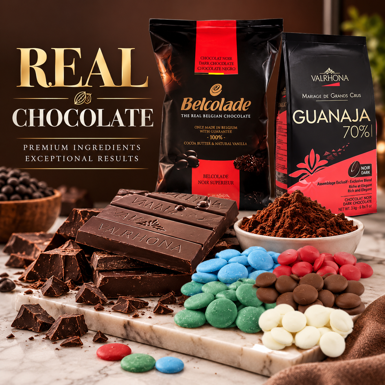 Premium Belcolade and Valrhona chocolate displayed with chocolate bars, cocoa powder, chocolate chunks, and colorful melting wafers for baking and confectionery.