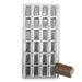 Polycarbonate chocolate mold with 24 rectangular bar-shaped cavities for creating artisan chocolates, pralines, candy bars, and confectionery treats.