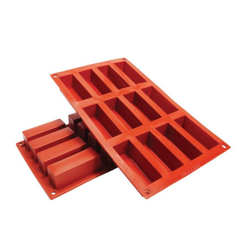 Rectangle silicone baking mold with 8 cavities, 2.4 oz capacity per cavity, ideal for cakes, mousse, chocolate, and desserts