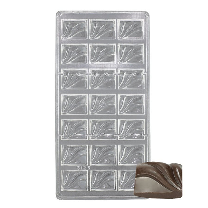 Polycarbonate chocolate mold with 21 rectangular cavities featuring a decorative swirl pattern for artisan chocolates, truffles, and candy making.