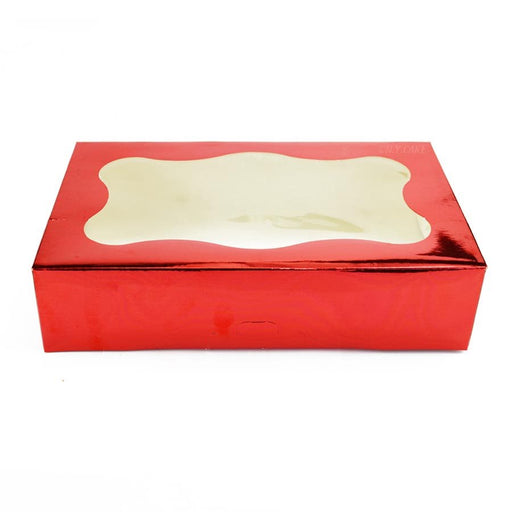 Red 1 pound bakery cookie box with clear viewing window for cookies, brownies, pastries, and gift packaging
