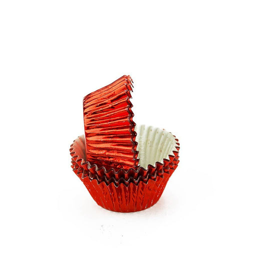 Red foil mini cupcake baking cup liners for mini cupcakes, muffins, candies, chocolates, and bite-sized desserts.