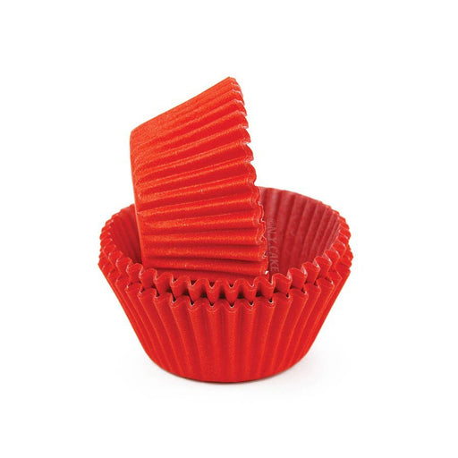 Red glassine standard-size cupcake baking cups with greaseproof design, available in packs of 50 or 500.