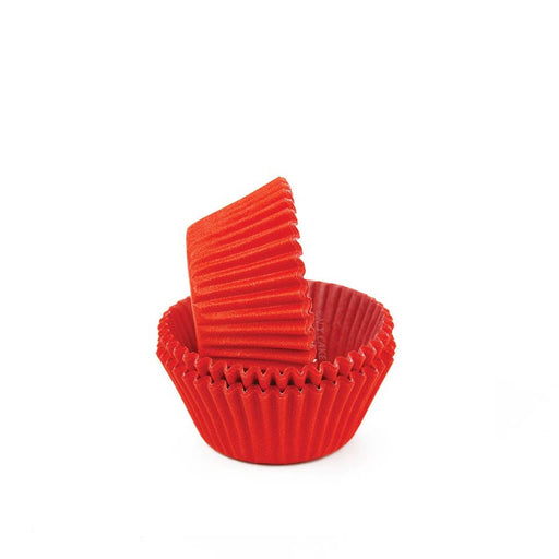 Red greaseproof mini cupcake baking cup liners for mini cupcakes, candies, chocolates, and bite-sized desserts.