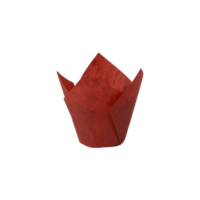 Red tulip paper baking cup with pointed petals for muffins, cupcakes and individual baked goods.