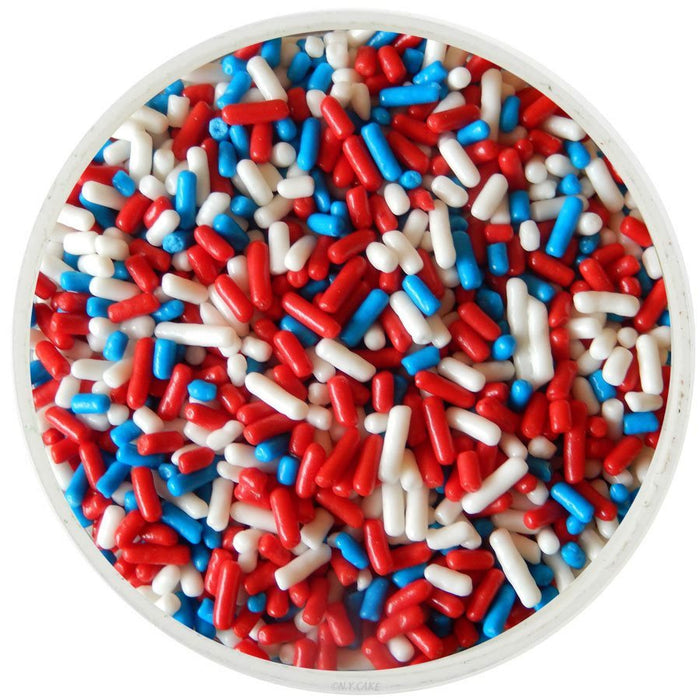 Red, white and blue jimmies sprinkles mix for decorating patriotic cakes, cupcakes, cookies and desserts.