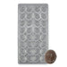 Polycarbonate chocolate mold with 32 ridged almond-shaped cavities for creating artisan chocolates, truffles, pralines, and candy pieces.