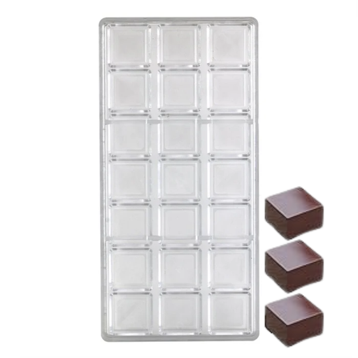 Polycarbonate chocolate mold with 21 ridged square cavities for creating artisan chocolates, bonbons, truffles, and candy pieces.