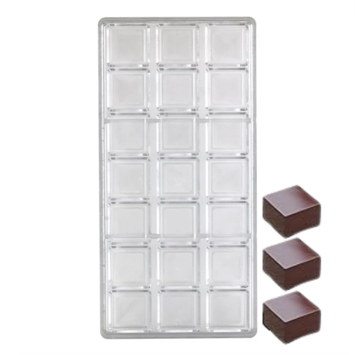 Polycarbonate chocolate mold with 21 ridged square cavities for creating artisan chocolates, bonbons, truffles, and candy pieces.