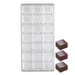 Polycarbonate chocolate mold with 21 ridged square cavities for creating artisan chocolates, bonbons, truffles, and candy pieces.
