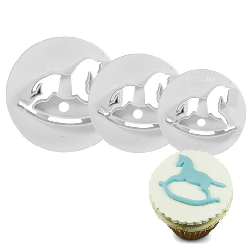 Three-piece rocking horse fondant cutter set for cutting fondant, gum paste, modeling chocolate, marzipan, cookies, and baby shower cake decorations.