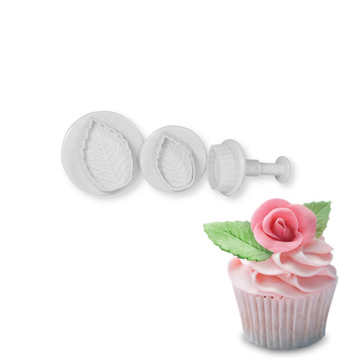 Small rose leaf plunger cutter set with three fondant and gum paste leaf cutters for realistic sugar flower cake decorations