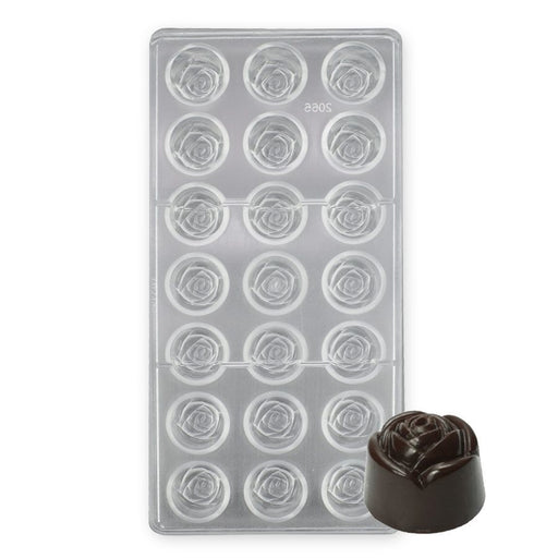 Rose polycarbonate chocolate mold with 21 cavities for bonbons, truffles, floral chocolates, gourmet confectionery, wedding desserts, and candy making.