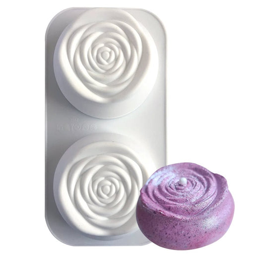 2-cavity rose silicone baking and freezing mold for cakes, chocolate, mousse, gelatin, fondant and frozen desserts.