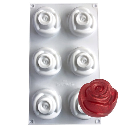 White rose silicone baking and freezing mold with 6 floral cavities for mousse desserts, chocolates, frozen treats, and bakery creations by NY Cake®