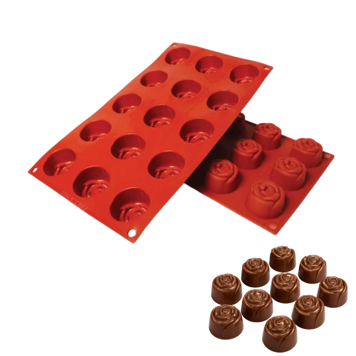 Red silicone rose baking mold for chocolates, mousse desserts, mini cakes, pastries, candy making, and floral dessert decorating.