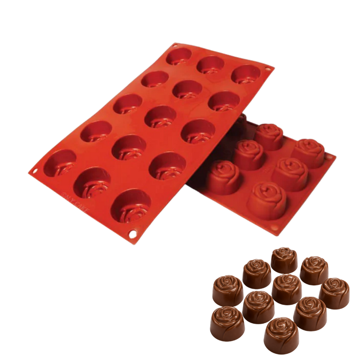 Red silicone rose baking mold for chocolates, mousse desserts, mini cakes, pastries, candy making, and floral dessert decorating.