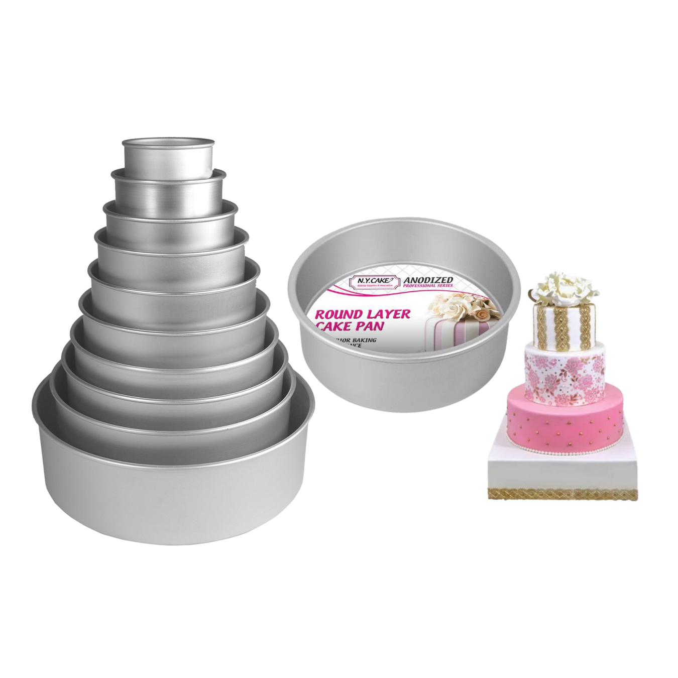 Round anodized aluminum layer cake pans in multiple sizes and depths for professional baking, stacked cakes, wedding cakes, and bakery desserts.