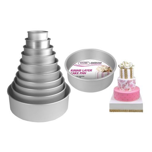 Round anodized aluminum layer cake pans in multiple sizes and depths for professional baking, stacked cakes, wedding cakes, and bakery desserts.
