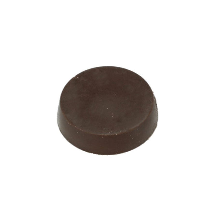 Polycarbonate chocolate mold with 24 round mint cavities for creating smooth chocolate mints, candy centers, and gourmet confections.